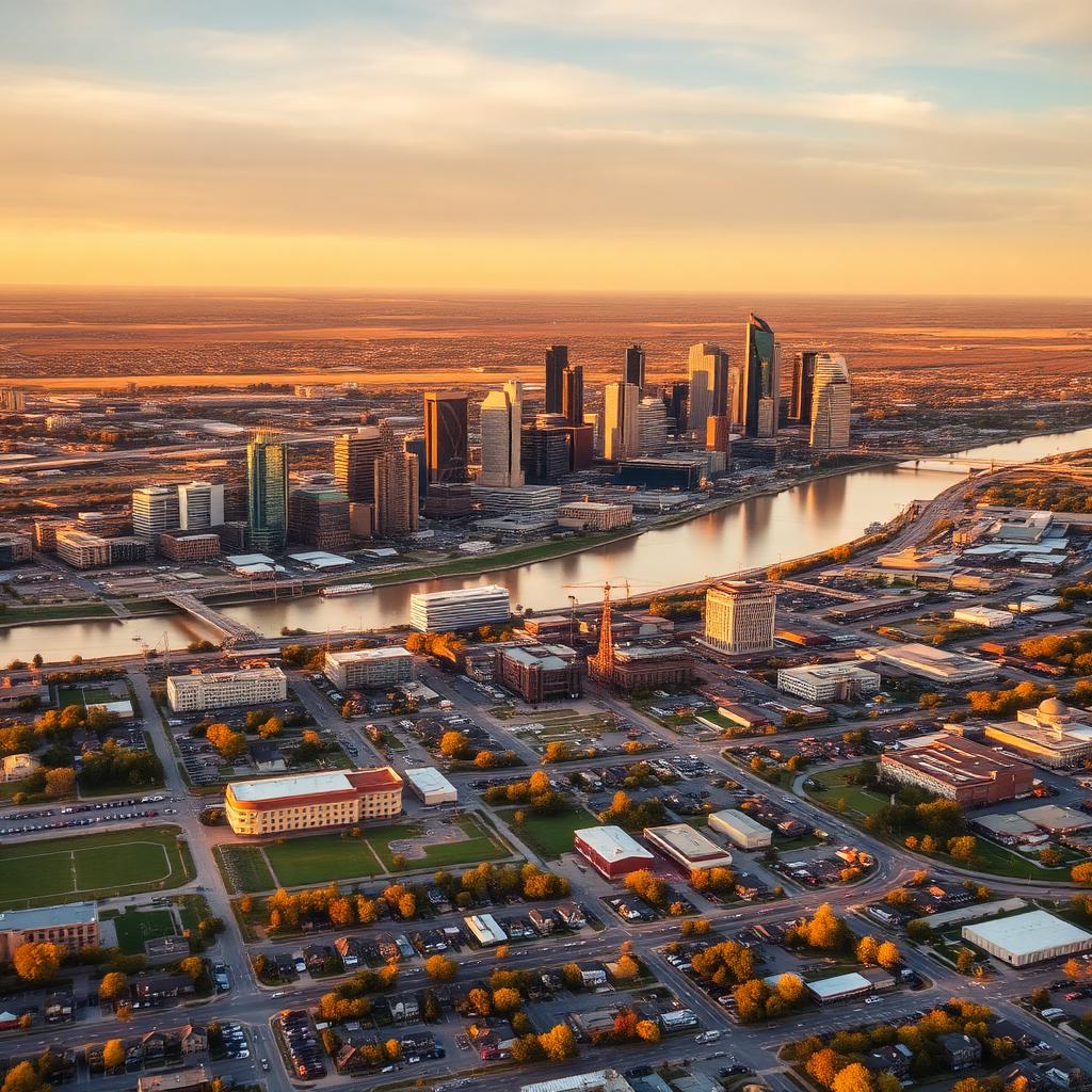 Aerial view of the Omaha, Nebraska metro area at sunset